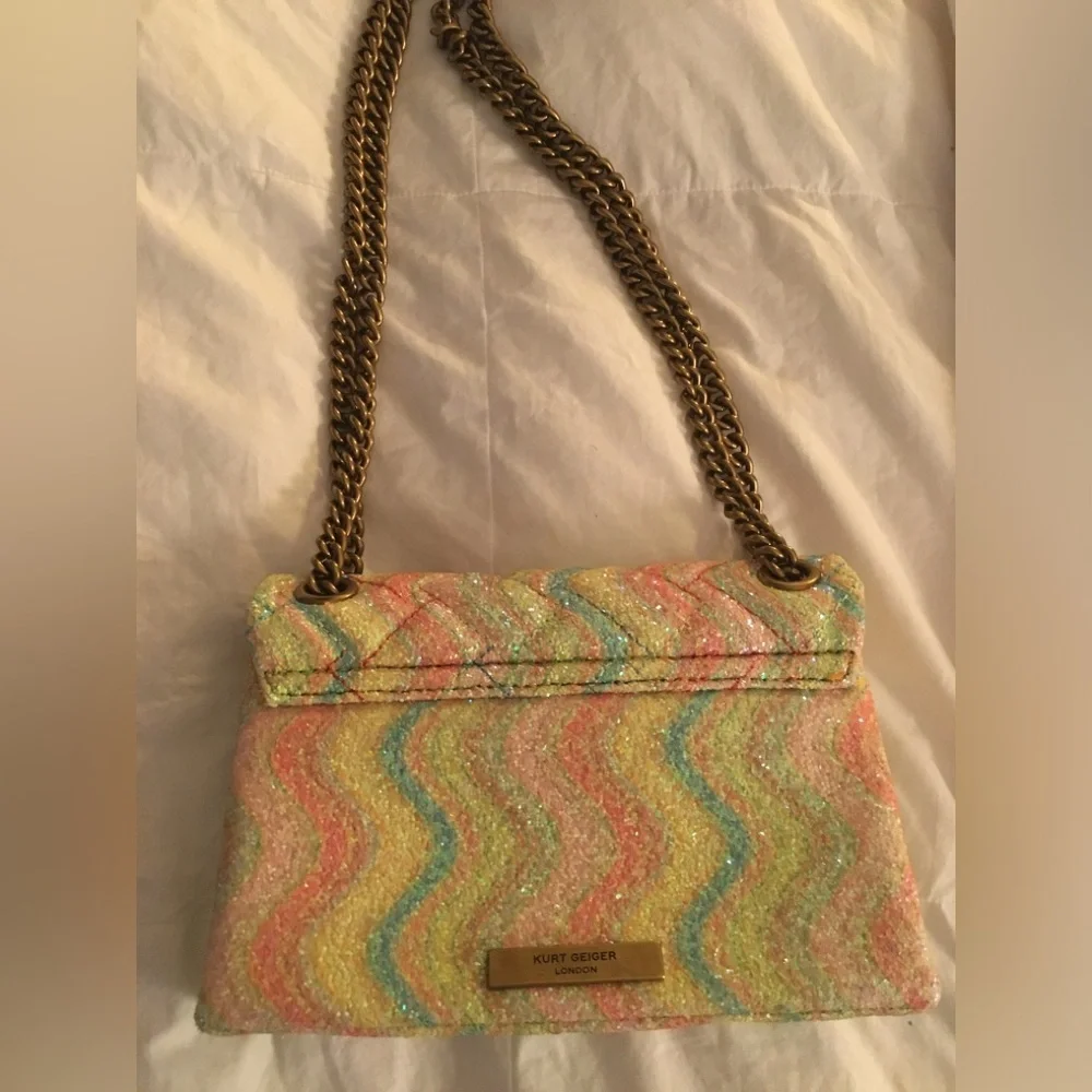 Kurt Geiger Pastel Rainbow Glitter Quilted Crossbody with Brass Chain
